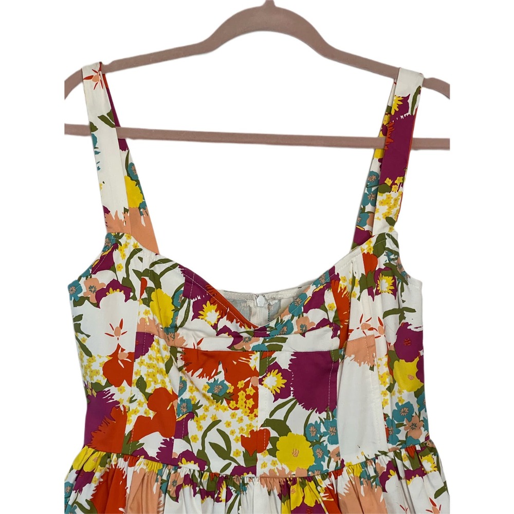 Aqua Strappy Bright Floral Sweetheart 100% Cotton Knee Length Dress Size L - Picture 2 of 9